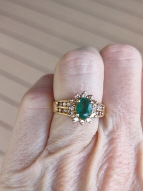 14kt Emerald And Natural Diamond Halo Ring with Diamond Accents Yellow Gold